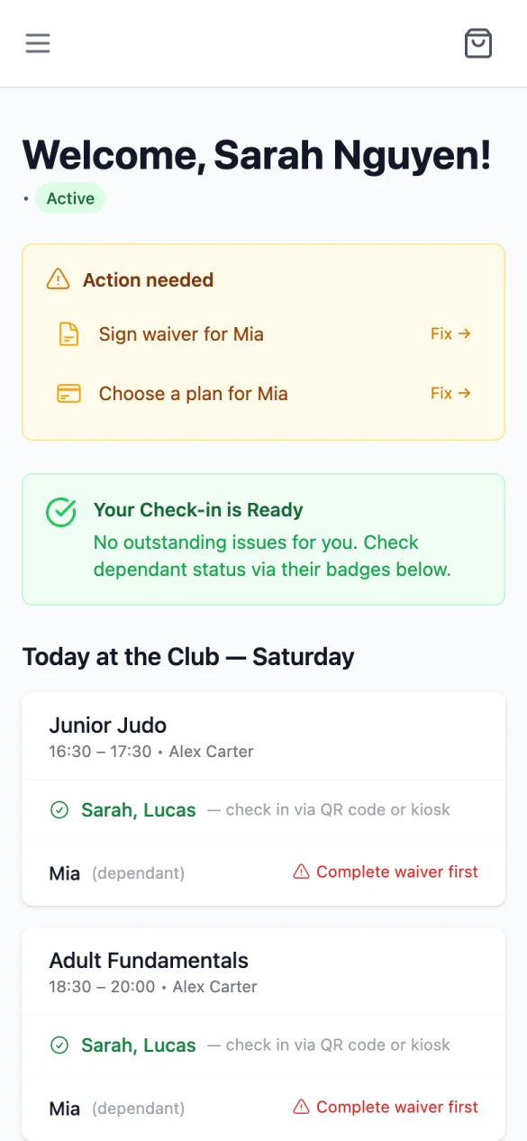 The member portal dashboard on a phone: Welcome, Sarah Nguyen!, Action needed with Sign waiver for Mia and Choose a plan for Mia, Your Check-in is Ready, and Today at the Club