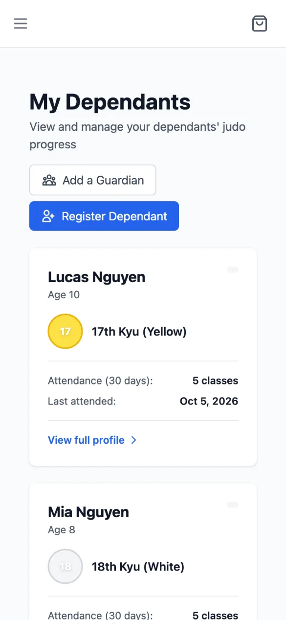 My Dependants: Add a Guardian and Register Dependant, then Lucas Nguyen, Age 10, 17th Kyu (Yellow), with his attendance and View full profile, and Mia Nguyen, Age 8, 18th Kyu (White)
