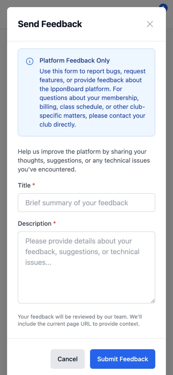 Send Feedback: Platform Feedback Only note, Title, Description, Cancel and Submit Feedback