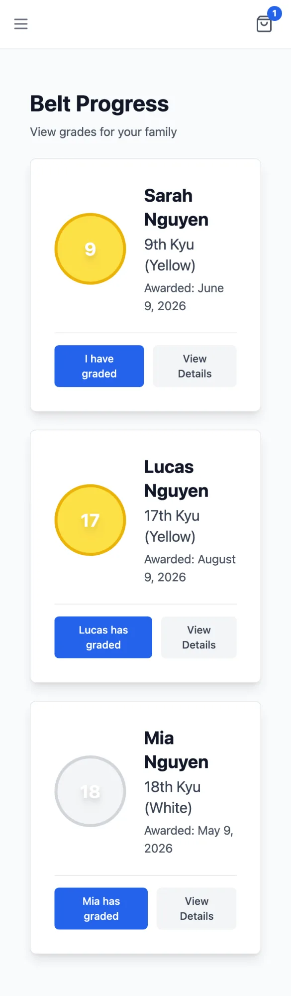 Belt Progress, View grades for your family: Sarah Nguyen 9th Kyu (Yellow), Lucas Nguyen 17th Kyu (Yellow) and Mia Nguyen 18th Kyu (White), with I have graded, Lucas has graded and Mia has graded, each beside View Details