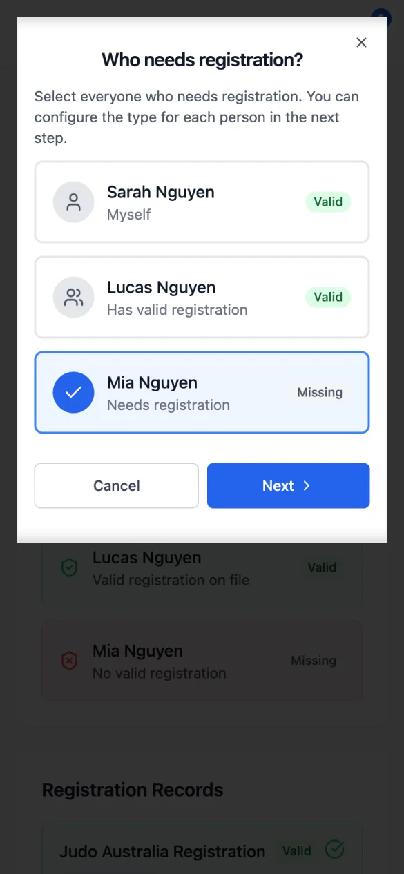 Who needs registration? with Sarah Nguyen (Myself) and Lucas Nguyen both Valid, and Mia Nguyen (Needs registration, Missing) ticked, then Cancel and Next