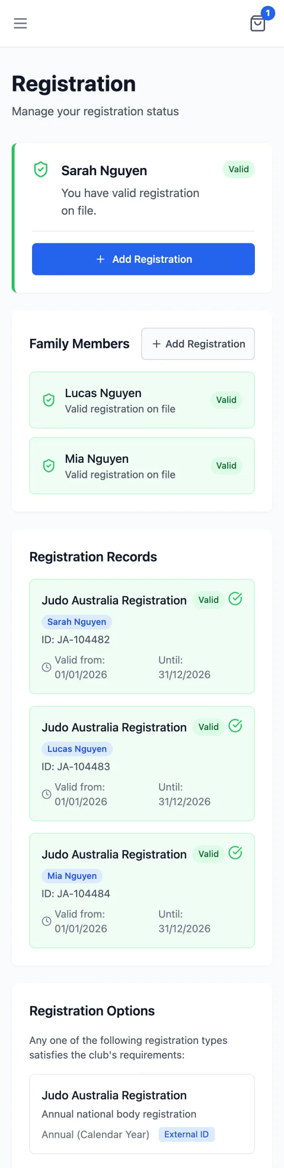 Registration page: Sarah Nguyen Valid with Add Registration, Family Members Lucas and Mia Valid, and Registration Records for Judo Australia Registration