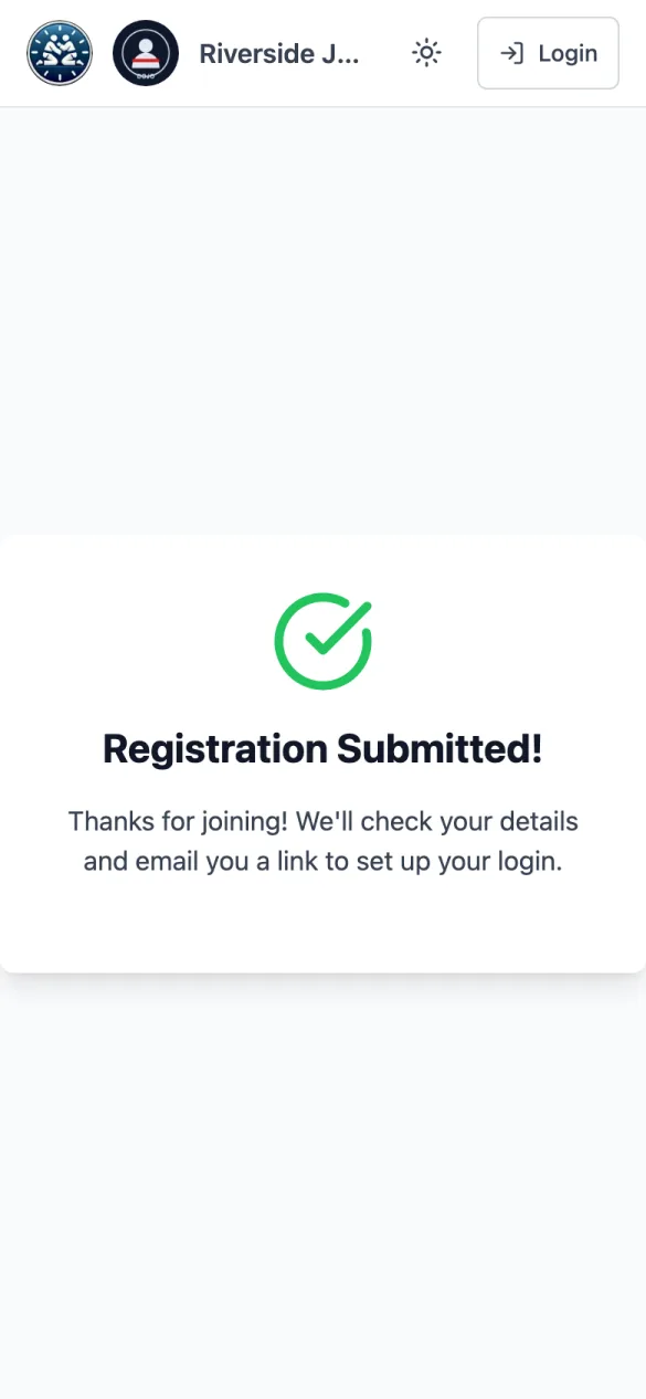 Registration Submitted! with the club's message: Thanks for joining! We'll check your details and email you a link to set up your login.