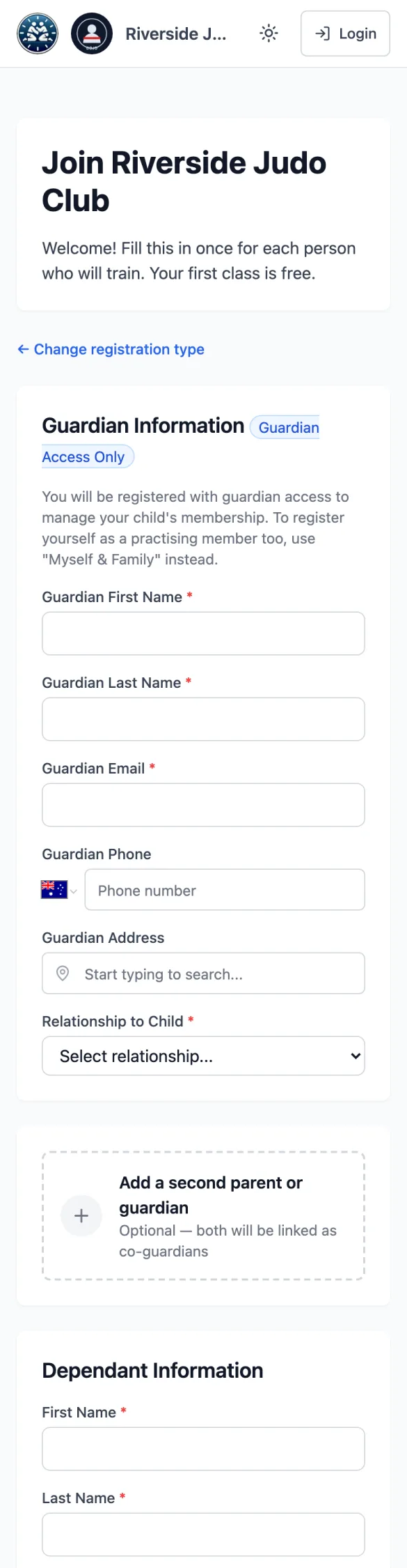 Registering a child: Guardian Information (Guardian Access Only) with name, email, phone, address and Relationship to Child, then Add a second parent or guardian, then Dependant Information