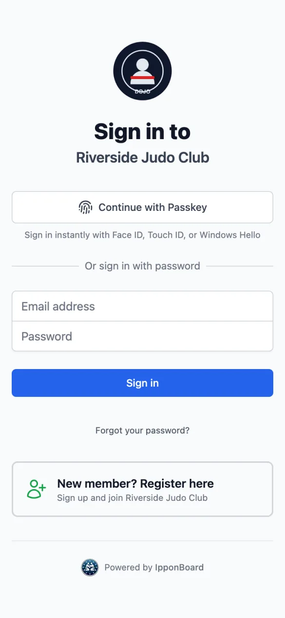 Sign in to Riverside Judo Club: Continue with Passkey, email and password, Sign in, Forgot your password?, and New member? Register here