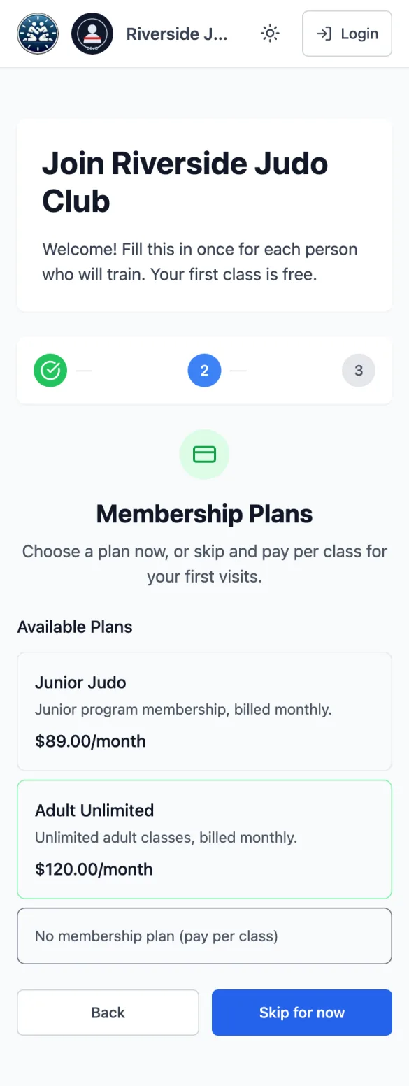 The Membership Plans step of the registration form with Junior Judo and Adult Unlimited, No membership plan (pay per class), Back and Skip for now