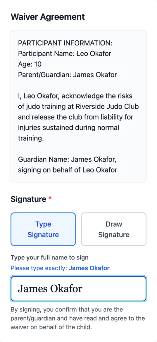 The Waiver Agreement step: the waiver filled in for Leo Okafor (age 10, parent/guardian James Okafor), Type Signature selected and James Okafor typed in