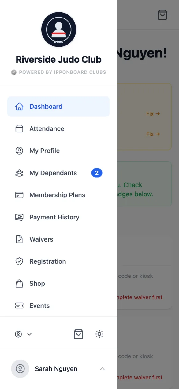 The member portal menu: Dashboard, Attendance, My Profile, My Dependants, Membership Plans, Payment History, Waivers, Registration, Shop, Events