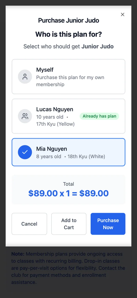 Purchase Junior Judo: Who is this plan for? with Myself, Lucas Nguyen (Already has plan) and Mia Nguyen ticked, Total $89.00, Add to Cart and Purchase Now