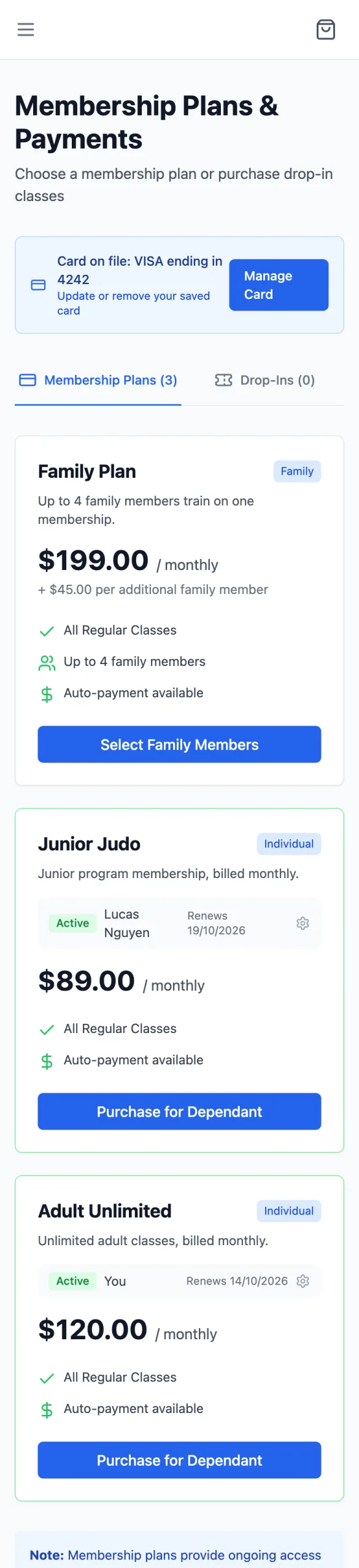 Membership Plans & Payments: Card on file VISA ending in 4242 with Manage Card, tabs Membership Plans (3) and Drop-Ins (0), Family Plan with Select Family Members, Junior Judo with Lucas Nguyen Active, and Adult Unlimited with You Active, each with Purchase for Dependant