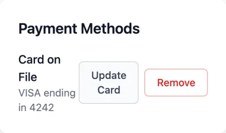 Payment Methods: Card on File, VISA ending in 4242, with Update Card and Remove