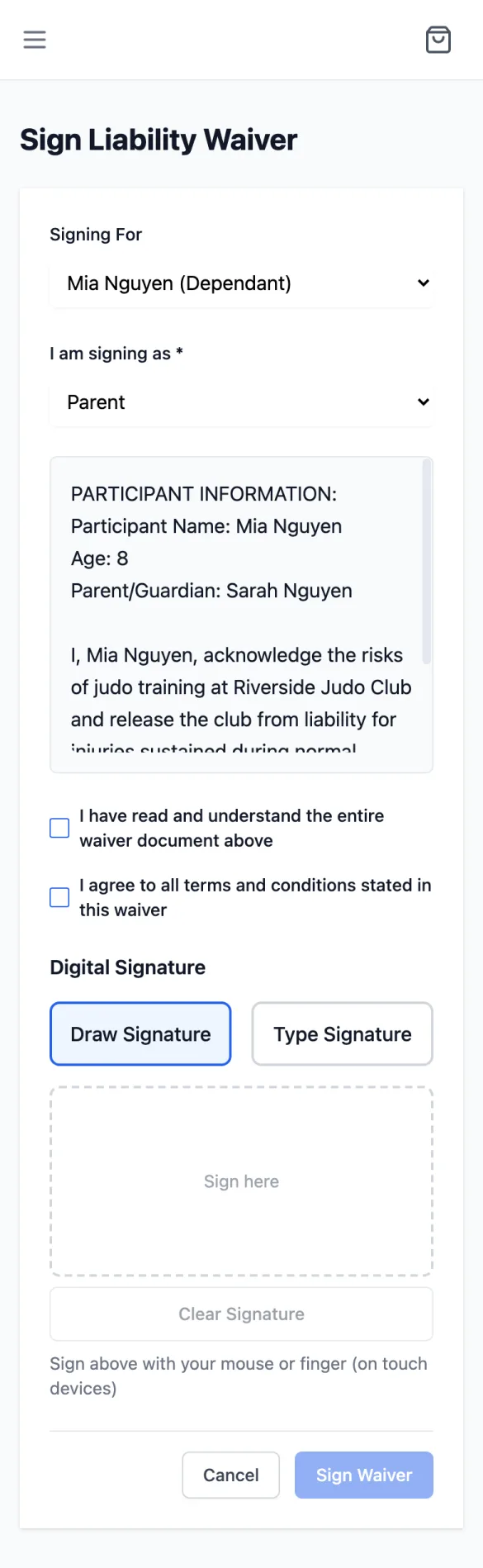 Sign Liability Waiver: Signing For Mia Nguyen (Dependant), I am signing as Parent, the waiver text filled in for Mia (participant name, age and parent/guardian Sarah Nguyen), two checkboxes, and Draw Signature or Type Signature