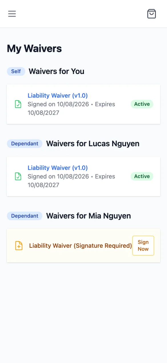 My Waivers: Liability Waiver (v1.0) Active for You and for Lucas Nguyen, and Liability Waiver (Signature Required) with Sign Now for Mia Nguyen