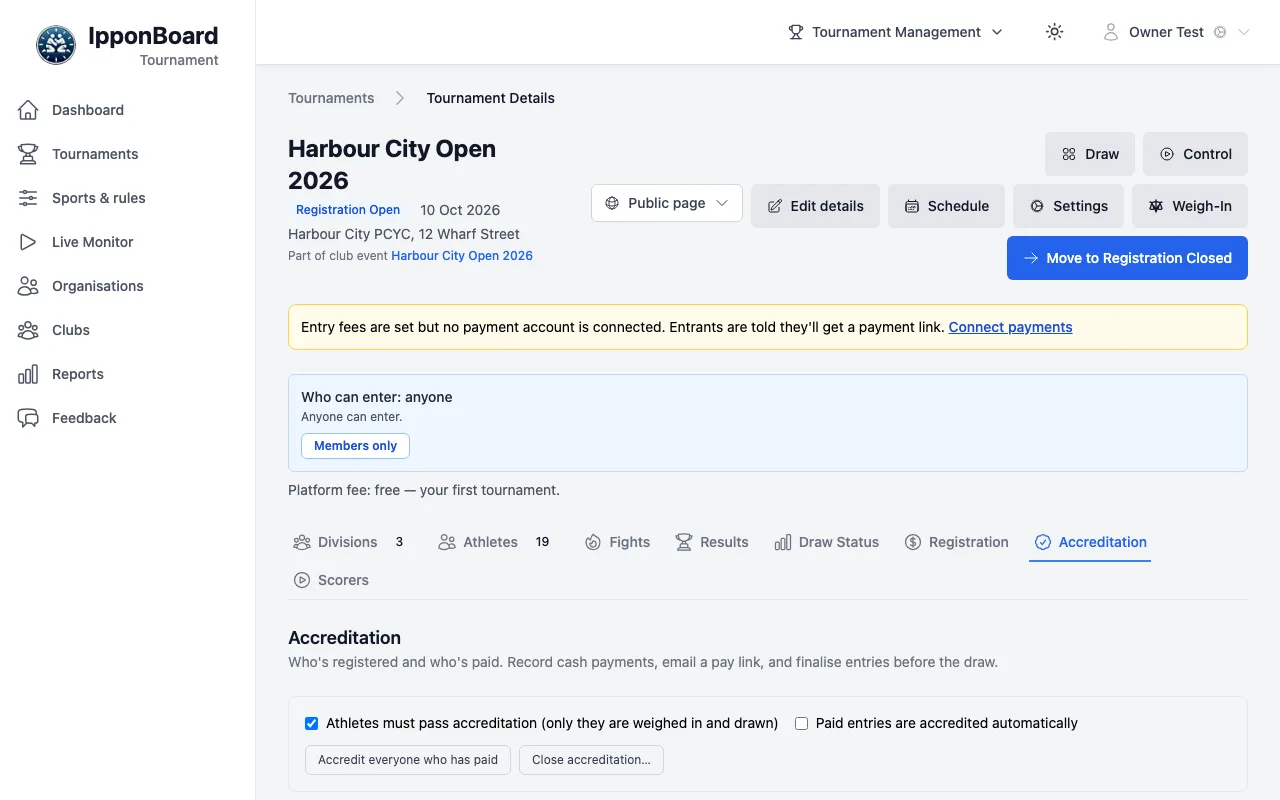 The tournament page on the Accreditation tab: the header with Draw and Control, then Athletes must pass accreditation, Paid entries are accredited automatically, Accredit everyone who has paid and Close accreditation…, under the note that no payment account is connected yet