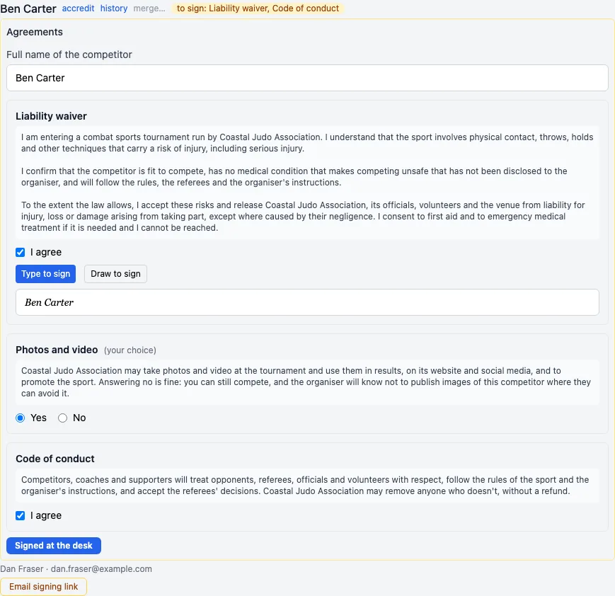Ben Carter's row with to sign: Liability waiver, Code of conduct, the agreements open with his name, agreed and signed, Signed at the desk, and Email signing link below