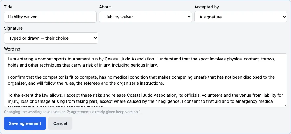 Editing the Liability waiver: Title, About, Accepted by A signature, Signature Typed or drawn, the Wording, and the note that changing the wording saves version 2