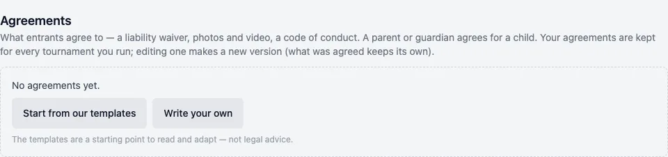 Agreements on the Registration tab: No agreements yet, with Start from our templates and Write your own