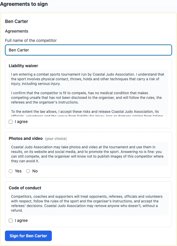 My entries from the emailed link: Agreements to sign, Ben Carter, each agreement, and Sign for Ben Carter