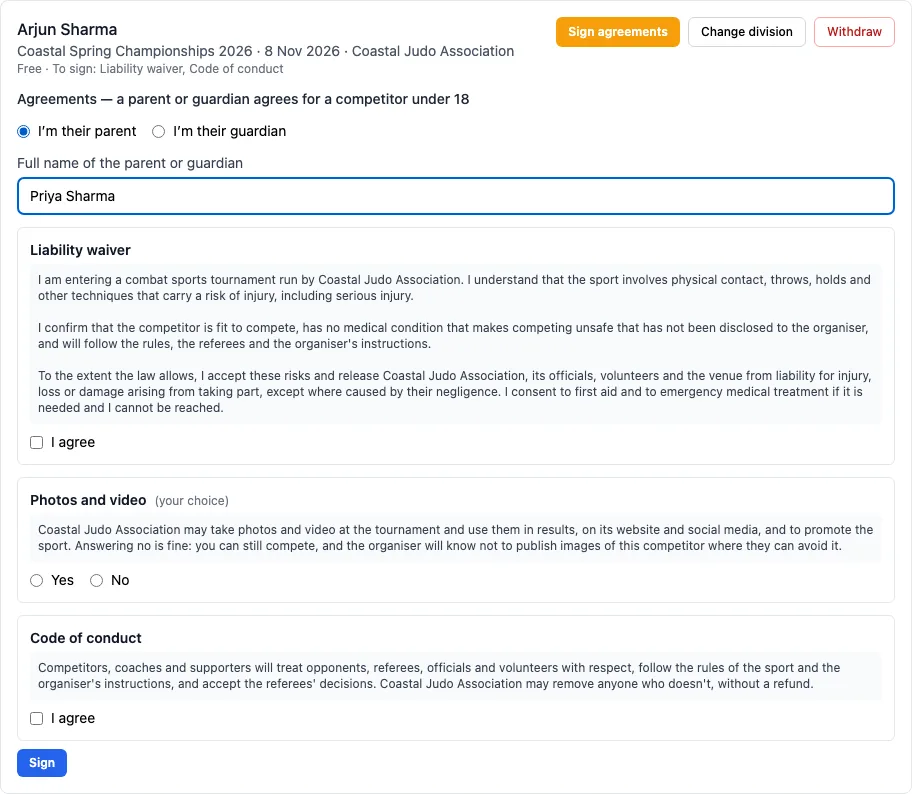 My tournaments on the account page: Arjun Sharma, To sign: Liability waiver, Code of conduct, the Sign agreements button open with I'm their parent, Priya Sharma, and Sign