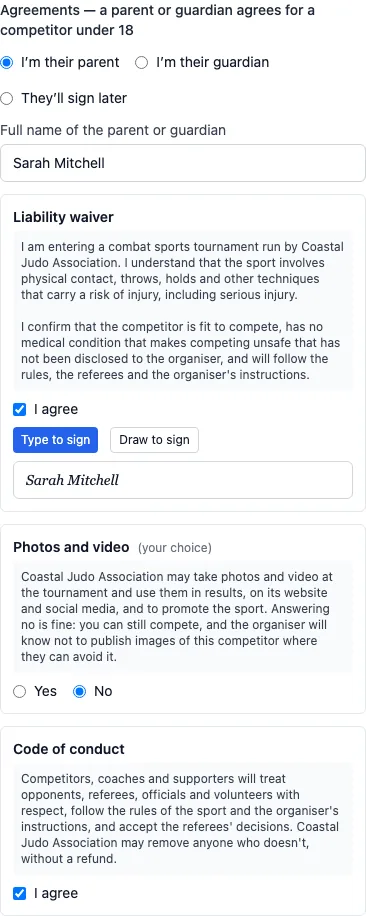 The entry form's Agreements for a competitor under 18: I'm their parent, Sarah Mitchell's name, the Liability waiver agreed and signed, Photos and video No, Code of conduct agreed