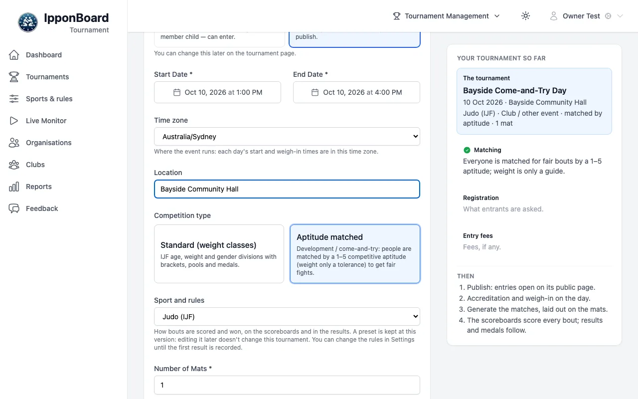 The setup wizard's Basics for Bayside Come-and-Try Day: Aptitude matched selected under Competition type, and Matching in the summary on the right