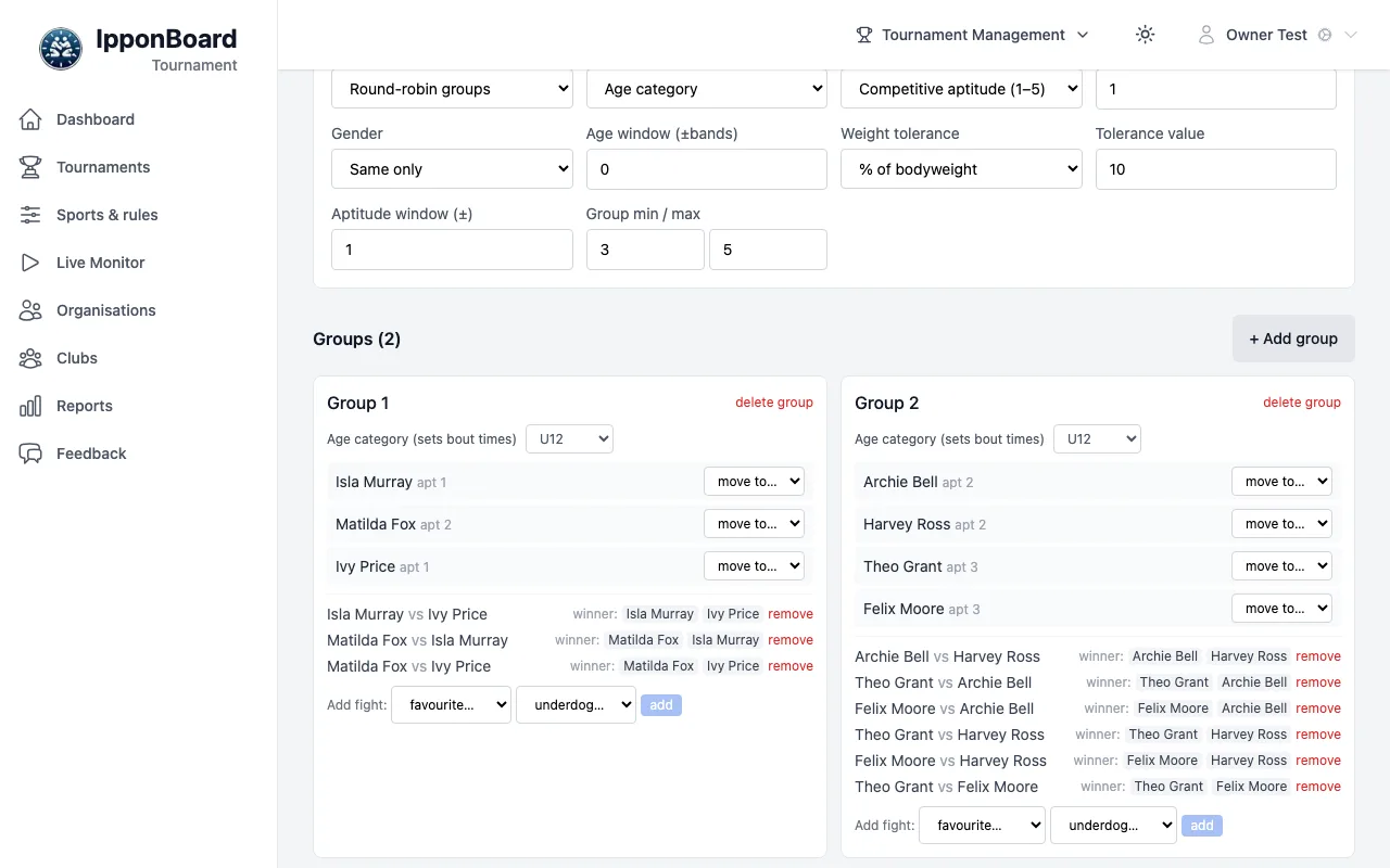 Groups (2) made by Generate matches: each group with its Age category (sets bout times), its competitors with their aptitude and move to…, its bouts, and Add fight:, with + Add group above