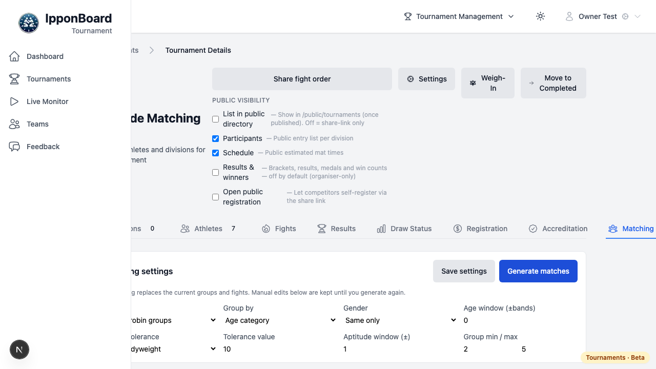 The aptitude matching board: settings, generated groups with fights, and the outside-the-rules panel