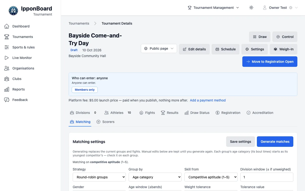 The Matching tab: Matching settings with Strategy Round-robin groups, Group by Age category, Skill from Competitive aptitude, the windows and tolerance, Save settings and Generate matches