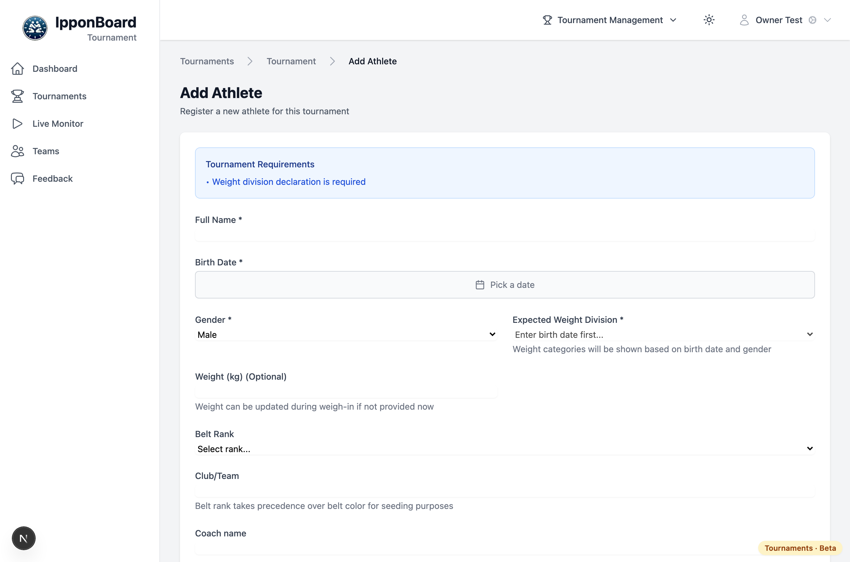 Add Athlete page showing the manual form and the bulk CSV import card