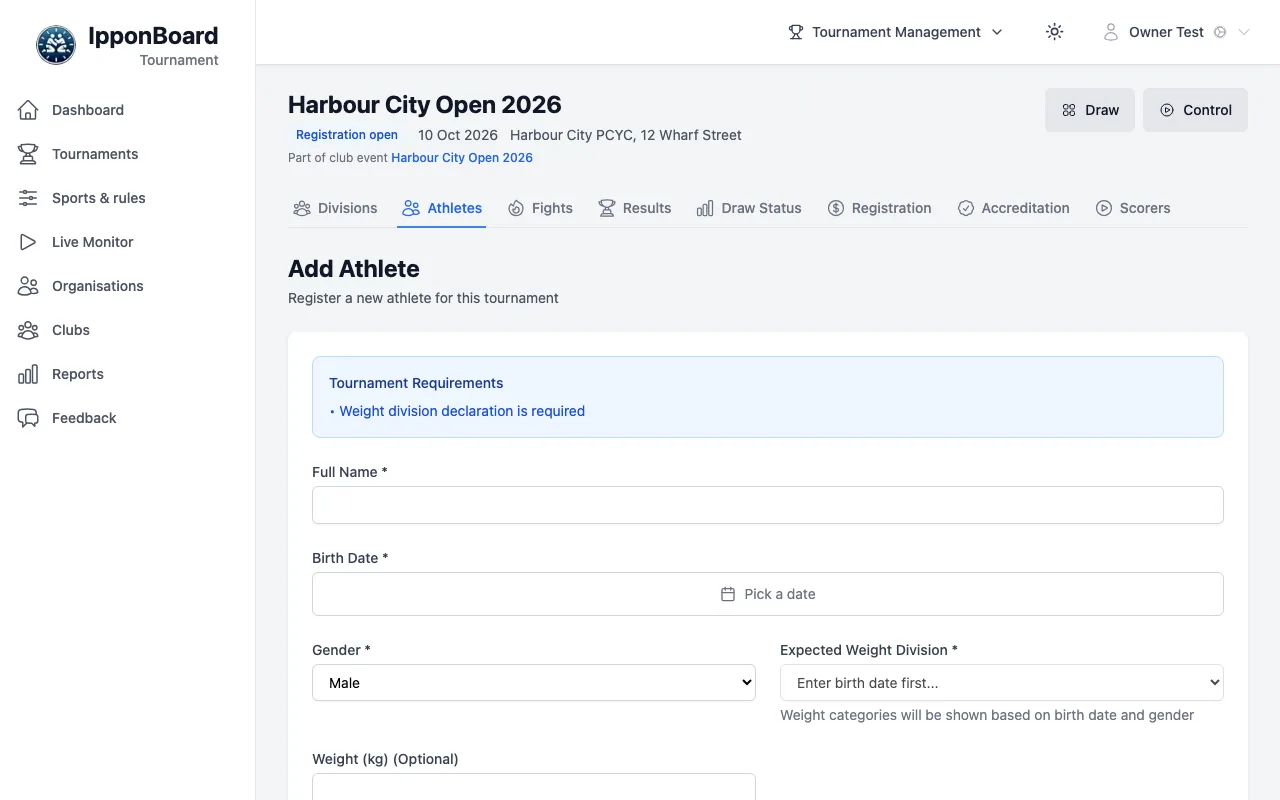 The Add Athlete page under the tournament's header (with Draw and Control) and tabs: Tournament Requirements, Full Name, Birth Date, Gender and Expected Weight Division