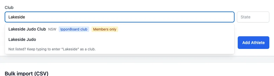 Add Athlete's Club box with Lakeside typed: Lakeside Judo Club, NSW, IpponBoard club, Members only, then Lakeside Judo, and Not listed? Keep typing to enter Lakeside as a club; the State box beside it