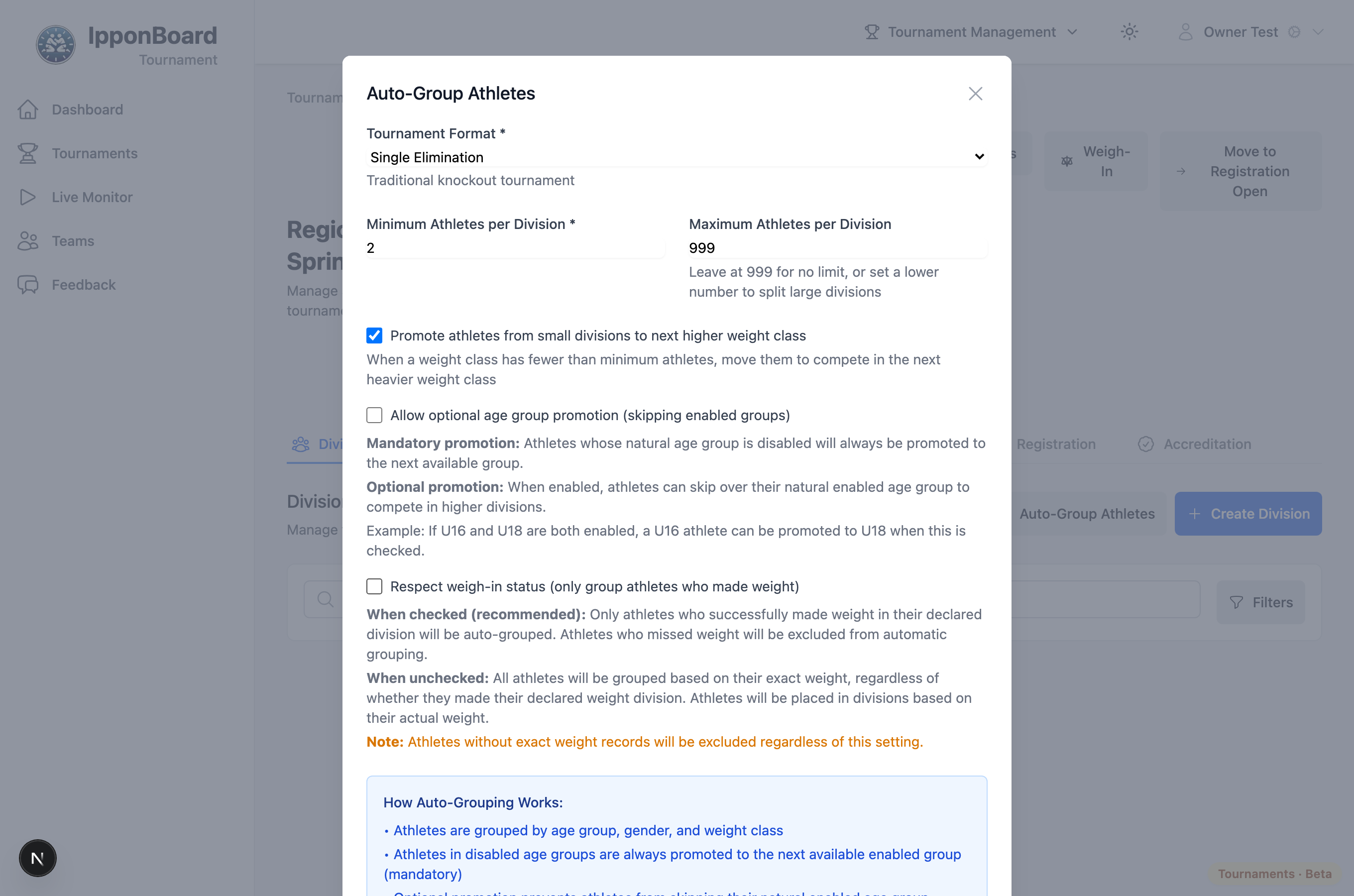 The Auto-Group Athletes dialog with format and size options