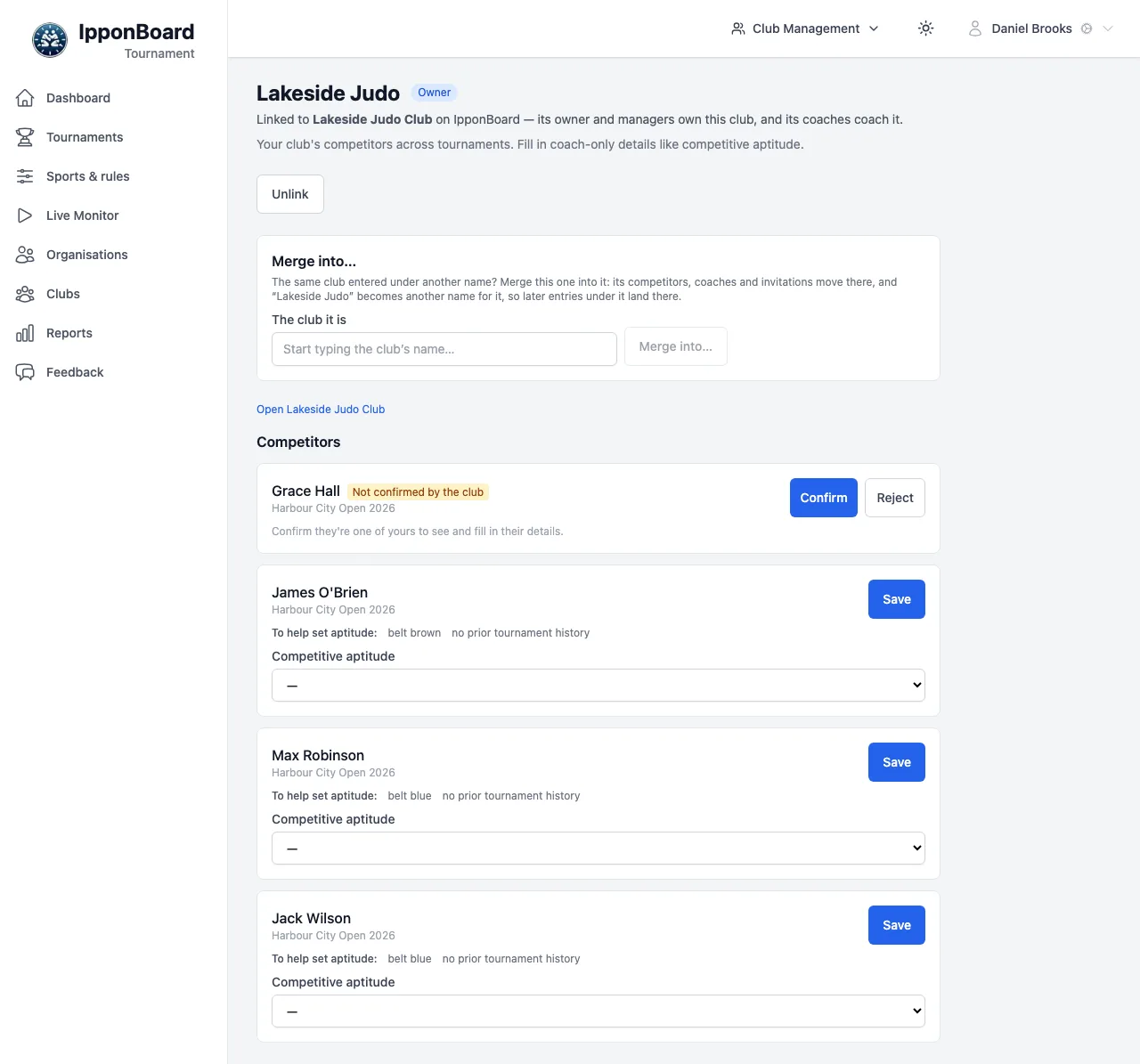 Lakeside Judo as its manager sees it once linked: Linked to Lakeside Judo Club on IpponBoard, Unlink, Merge into…, Open Lakeside Judo Club, and Grace Hall Not confirmed by the club with Confirm and Reject above the three members