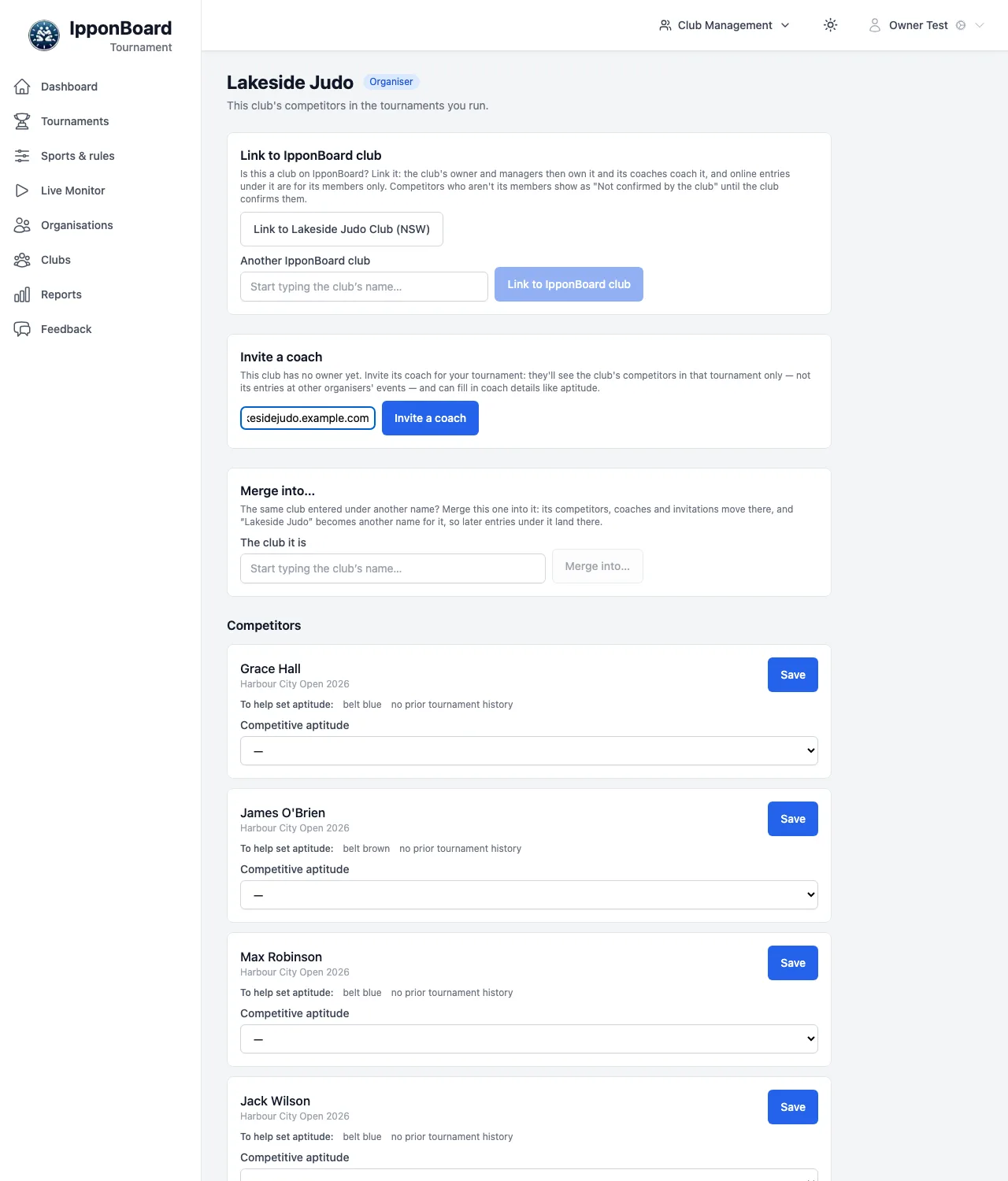 The organiser's page for the tournament club Lakeside Judo: Link to IpponBoard club with Link to Lakeside Judo Club (NSW) and Another IpponBoard club, Invite a coach, Merge into…, and its competitors with their Competitive aptitude