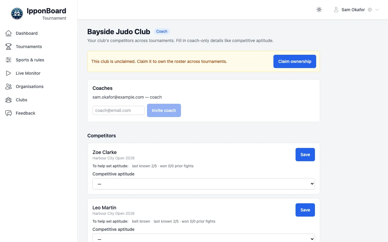 Bayside Judo Club as its coach sees it: the Coach badge, This club is unclaimed with Claim ownership, the Coaches list with Invite coach, then its competitors, each with To help set aptitude (belt, last known aptitude and bouts won), a Competitive aptitude list and Save