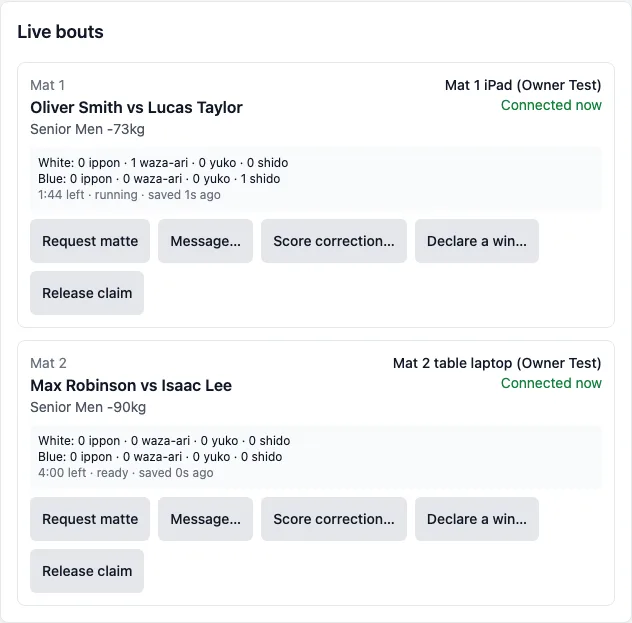 Live bouts: Mat 1 iPad holding Oliver Smith vs Lucas Taylor, 1:44 left, and Mat 2 table laptop holding Max Robinson vs Isaac Lee, with the command buttons