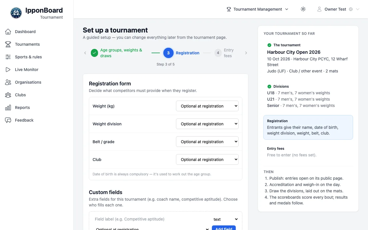 Step 3, Registration: Weight, Weight division, Belt / grade and Club, each Optional at registration, and Custom fields below