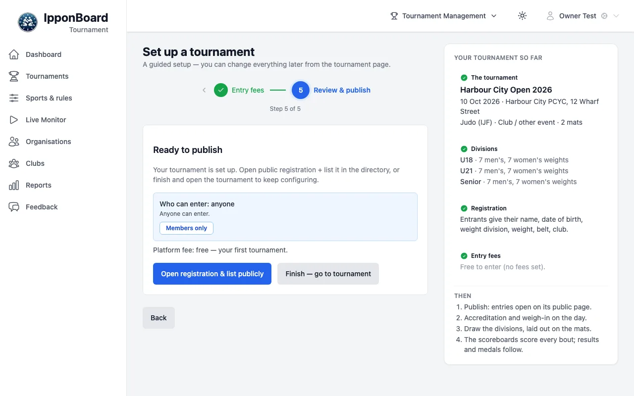 Step 5, Review & publish: Ready to publish, the platform fee line, Open registration & list publicly and Finish — go to tournament