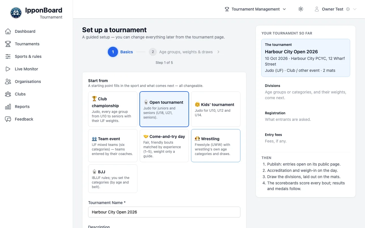 Set up a tournament, step 1 of 5: the Start from cards with Open tournament picked, and Your tournament so far on the right