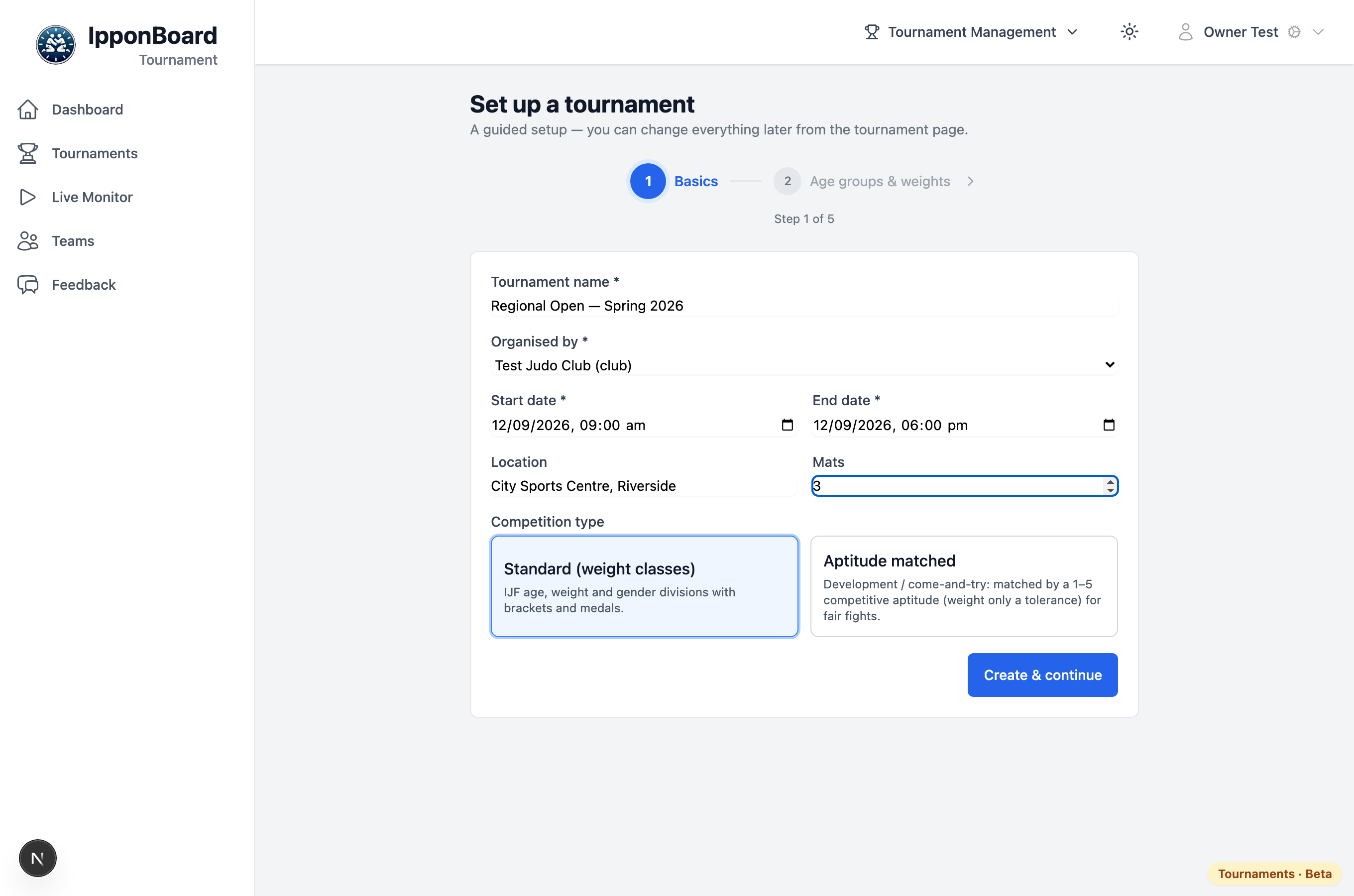 The tournament setup wizard, step 1: name, organiser, dates, location, mats
