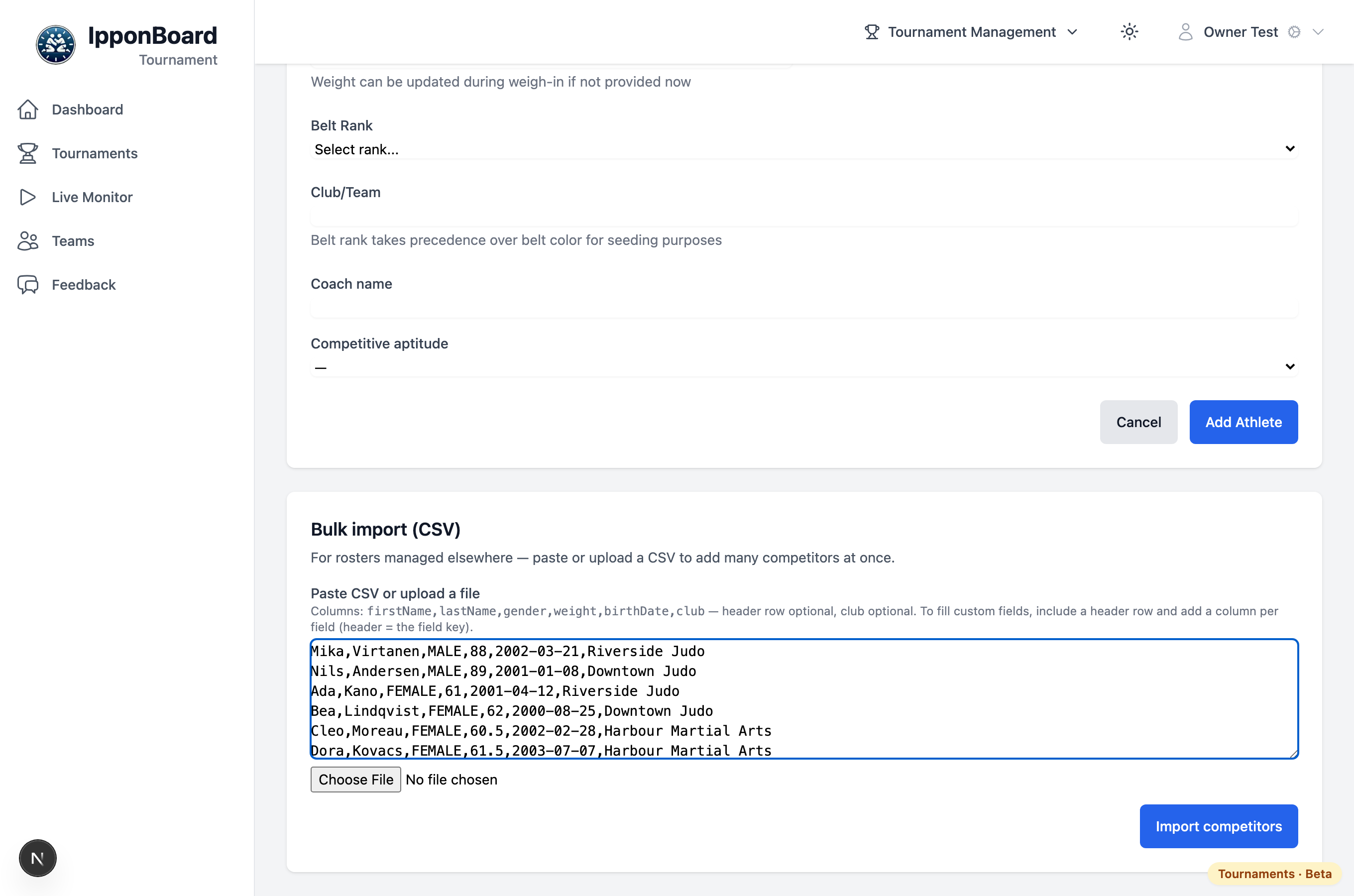 A roster pasted into the CSV import box