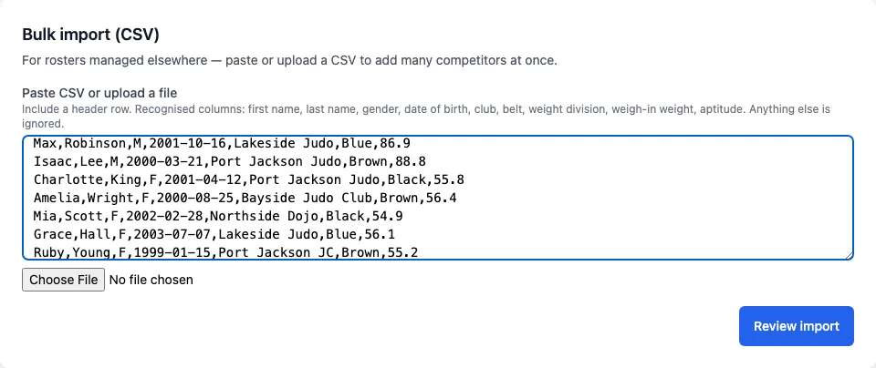 The Bulk import (CSV) box with a roster pasted in: First name, Last name, Gender, Date of birth, Club, Belt, Weight