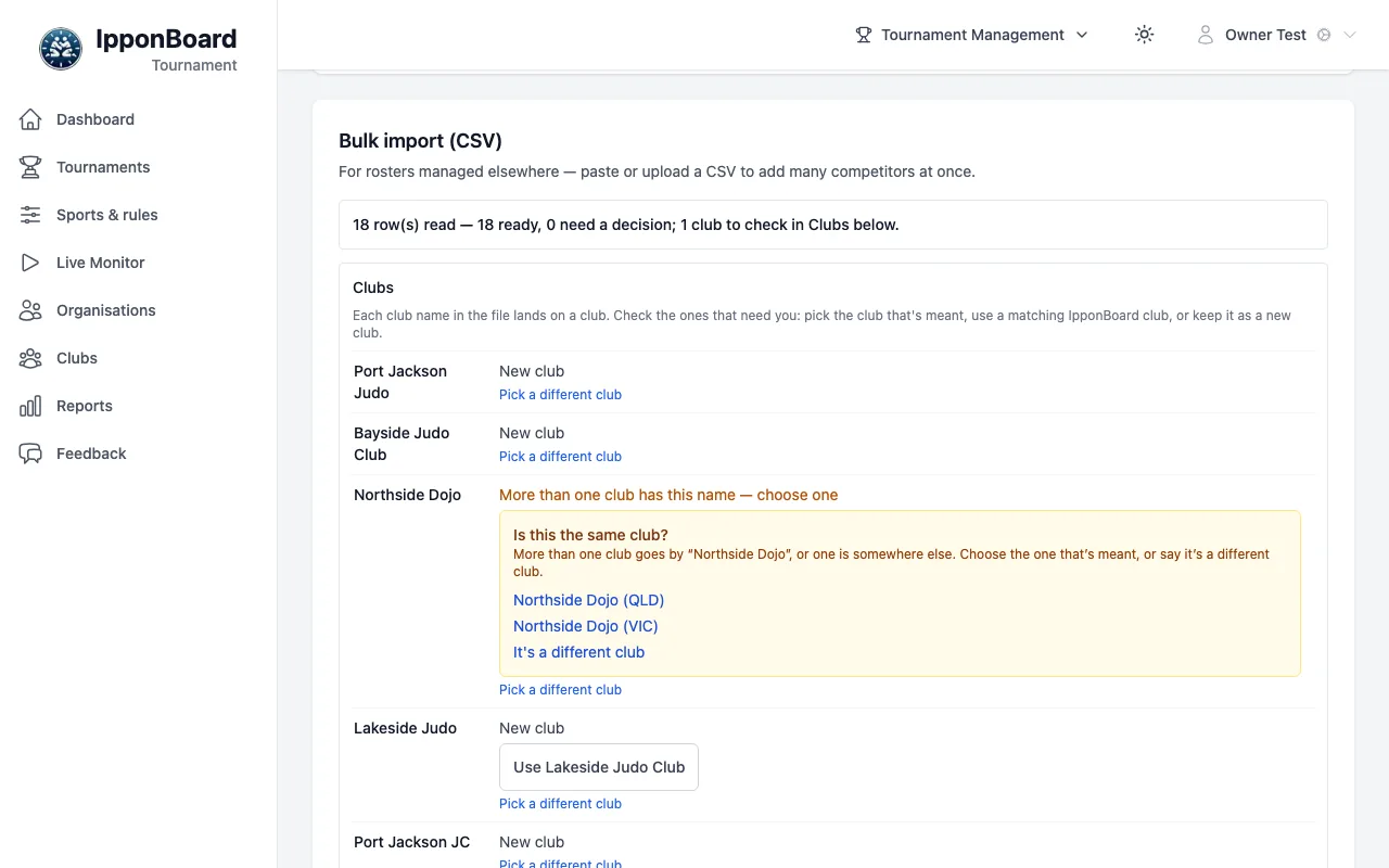 Bulk import (CSV) after Review import: 18 row(s) read — 18 ready, 0 need a decision; 1 club to check in Clubs below, and the Clubs step: new clubs, Is this the same club? for Northside Dojo, and Use Lakeside Judo Club