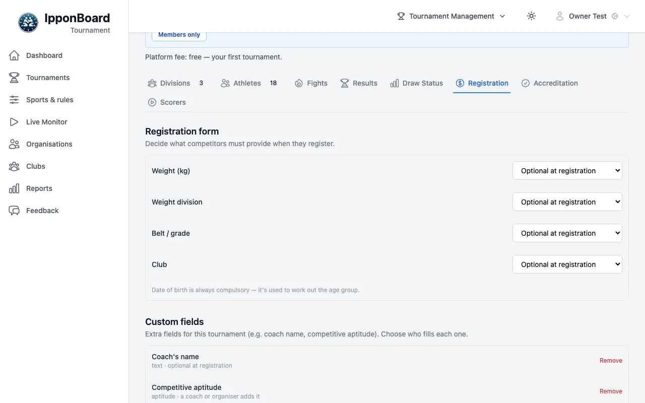 The Registration tab: the Registration form's standard fields, then Custom fields with Coach's name (text · optional at registration) and Competitive aptitude (aptitude · a coach or organiser adds it), each with Remove