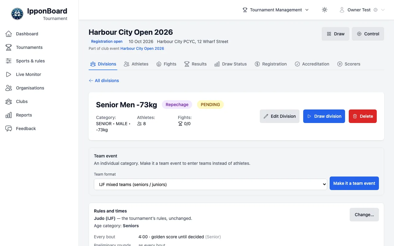 A division page with the tournament's header and tabs, and the Team event card: Team format IJF mixed teams (seniors / juniors) with Make it a team event