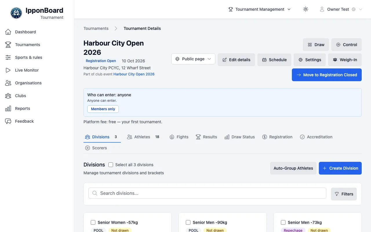 The tournament page: header with Draw and Control, Public page, Edit details, Schedule, Settings, Weigh-In and Move to Registration Closed, the tabs, and three divisions after Auto-Group