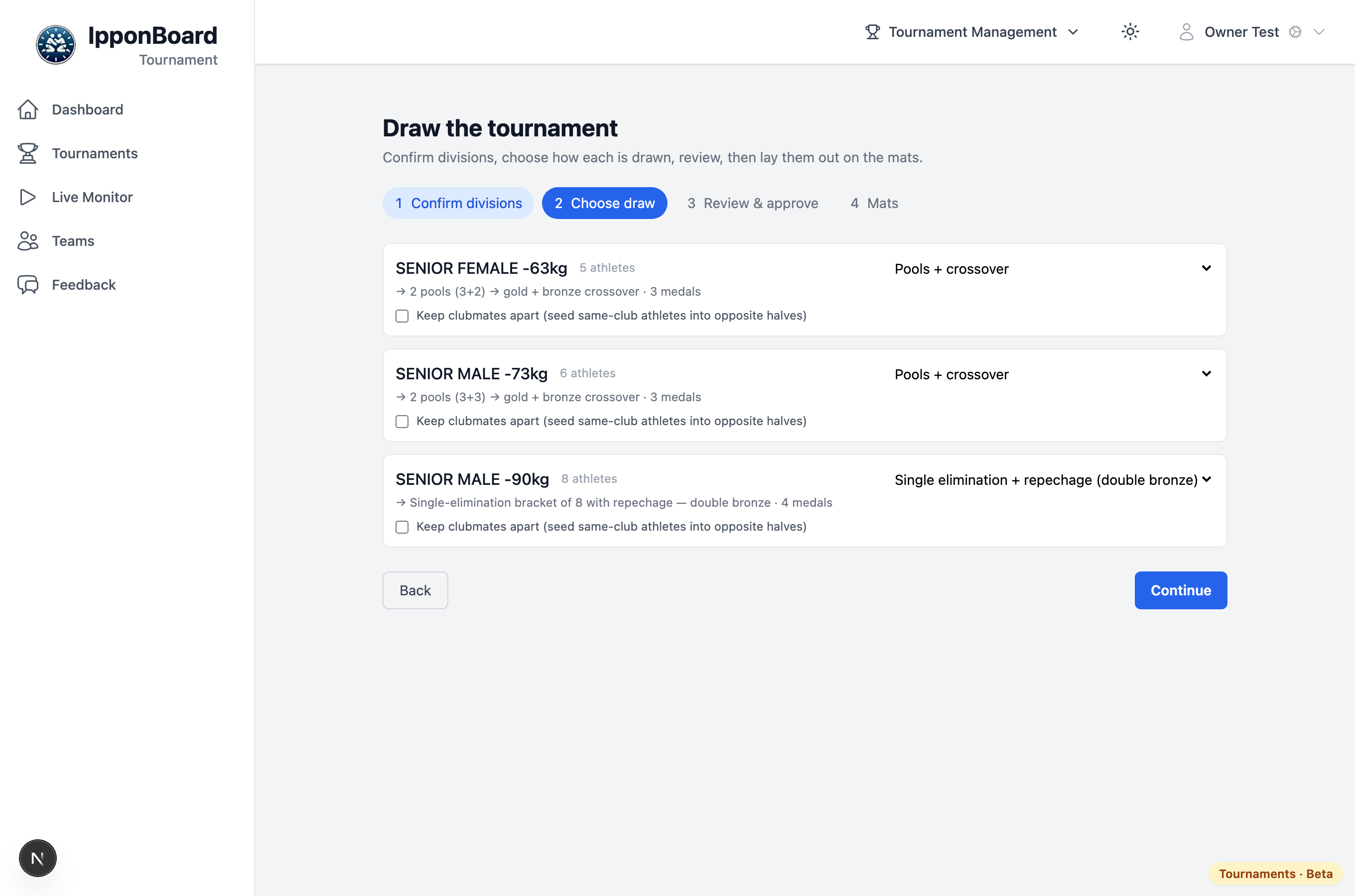Draw wizard step 2, choosing a draw format per division with a live structure preview