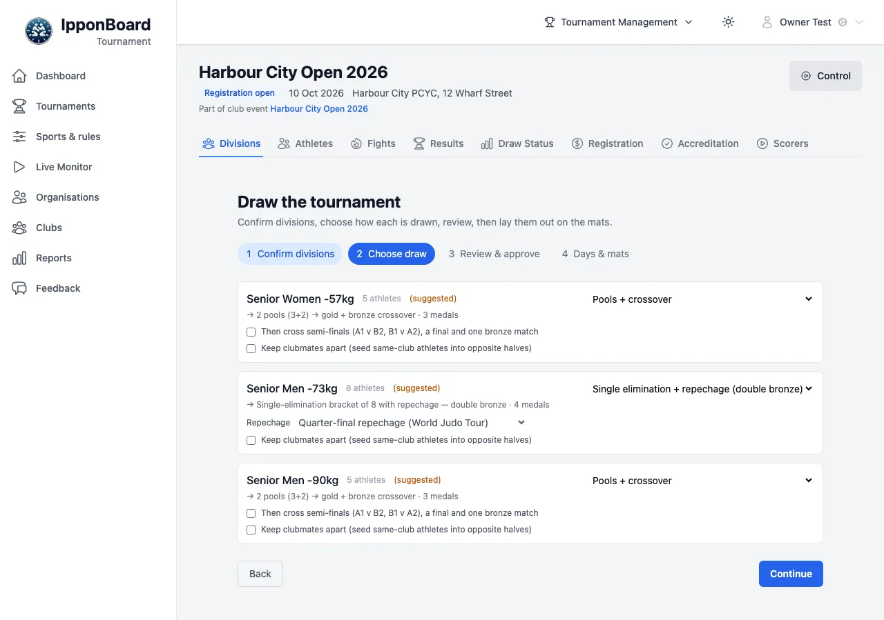 Draw the tournament, step 2 Choose draw: each division with its suggested format, the preview line and Keep clubmates apart