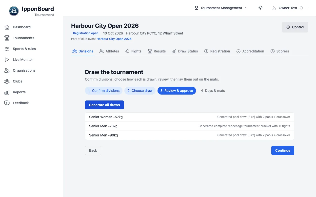 Step 3 Review & approve: Generate all draws, and each division's Generated message
