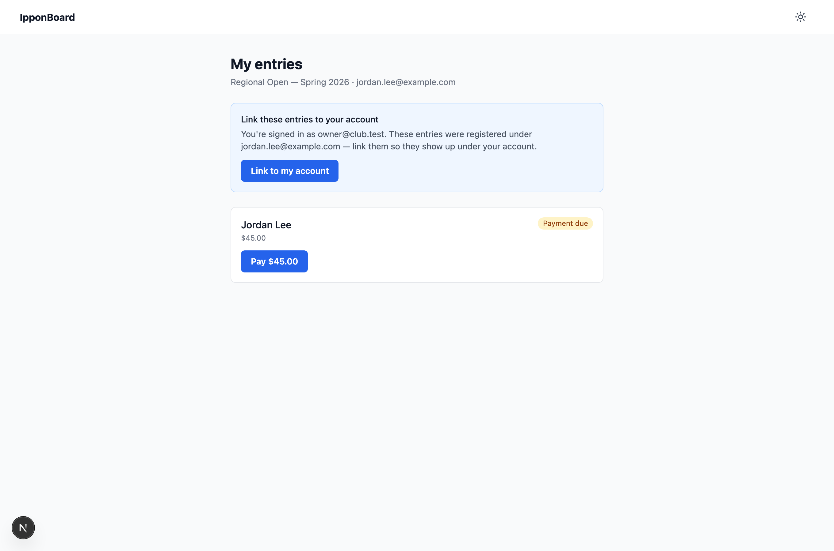 The manage-my-entries page showing an entry with a Payment due badge and a Pay button